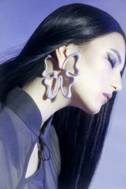 Large Gold And Lilac Butterfly Earring